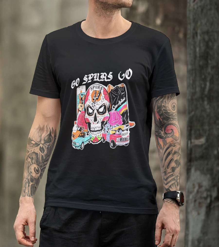 San Antonio Spurs Sugar Skull Go Spurs Go Vintage Cars Roses T-Shirt