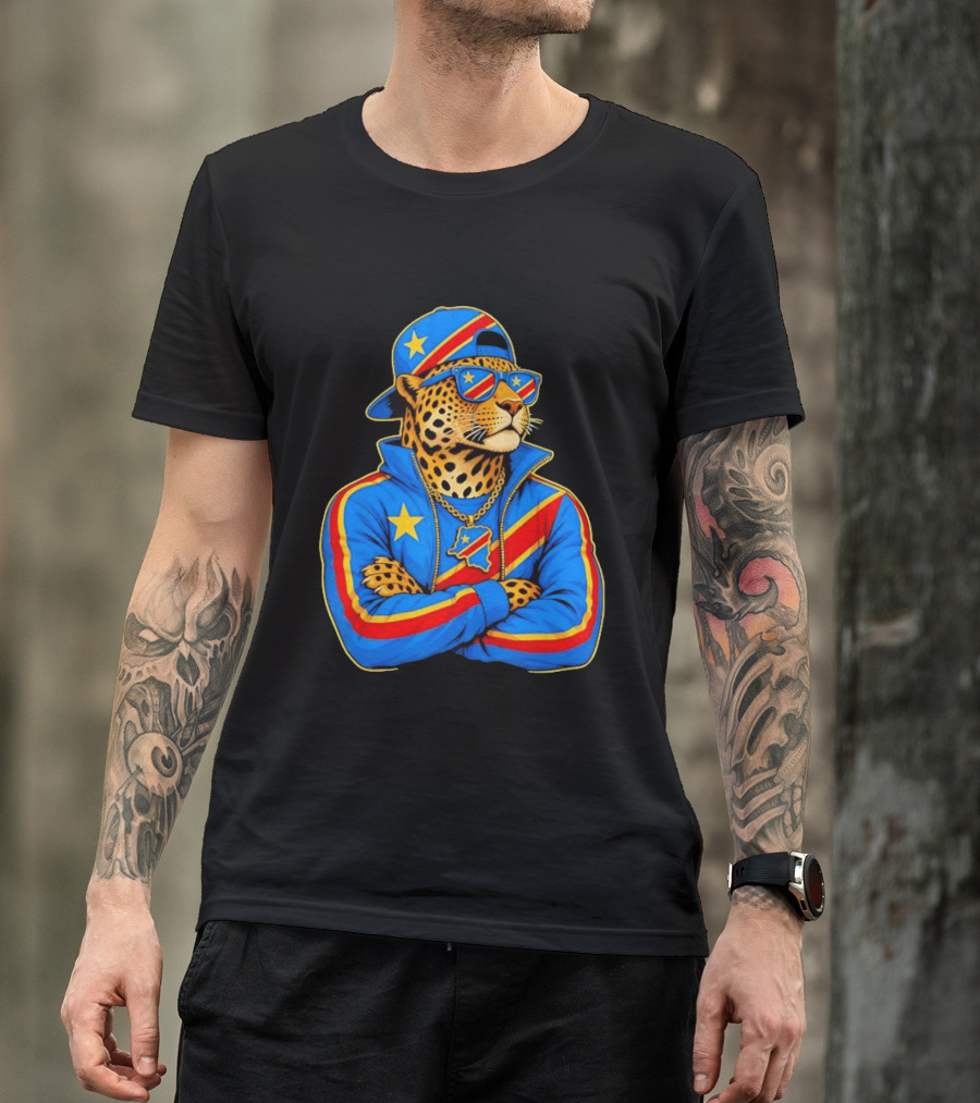 DR Congo Flag Colors Leopard In Hip Hop Style Outfit T-Shirt