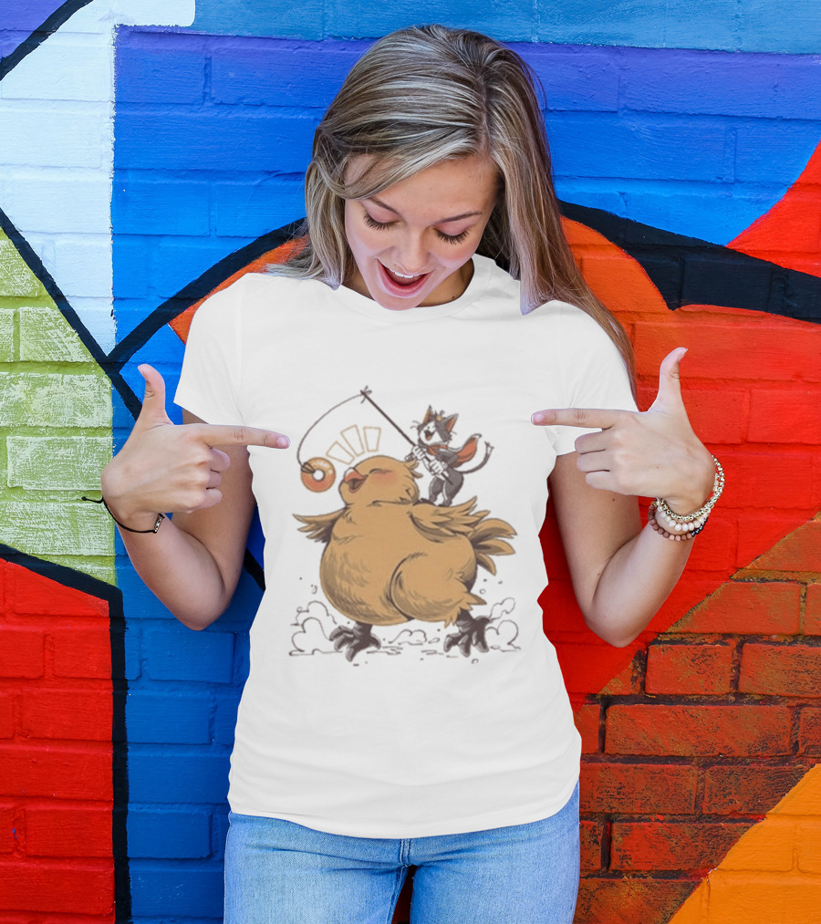 Chocobo Riding Cat Wizard With Donut Lure Delight T-Shirt