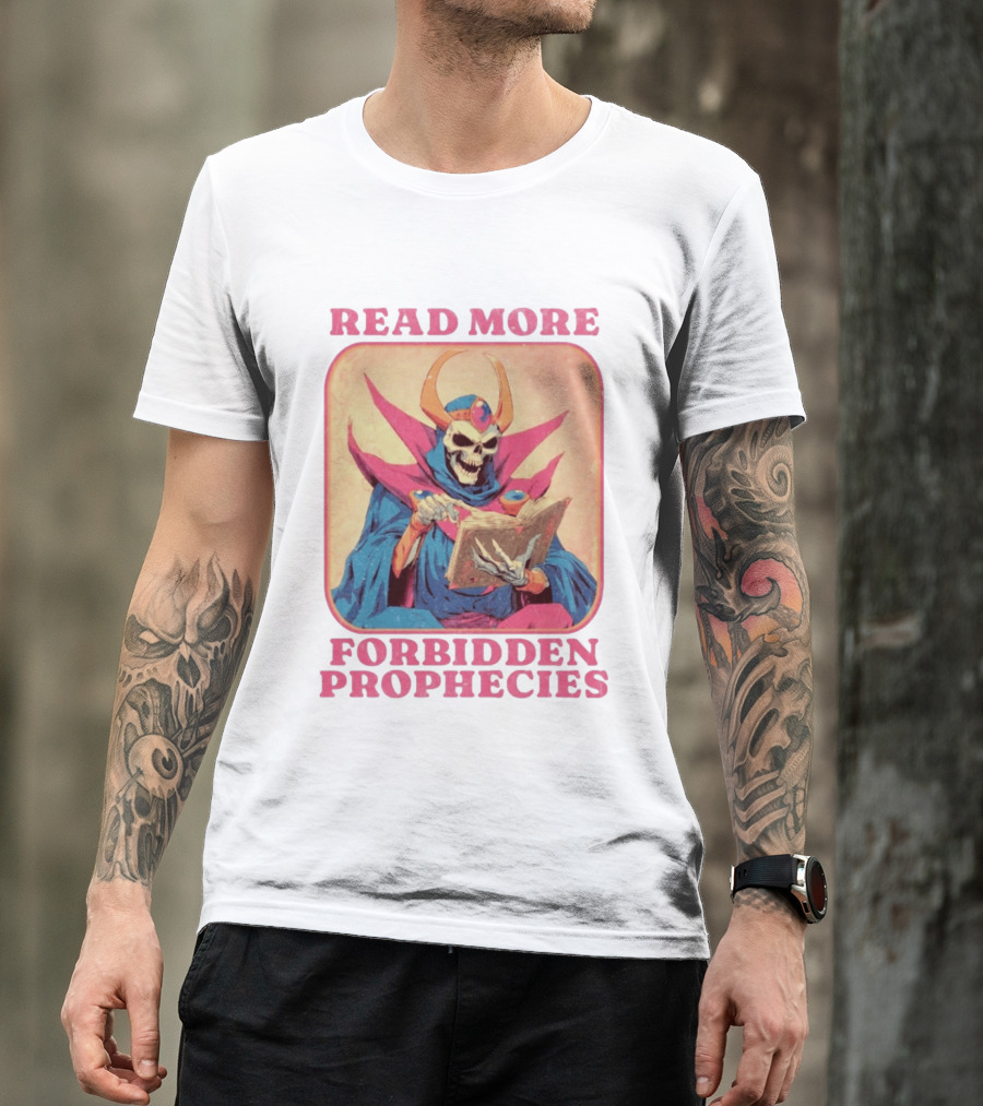 Read More Forbidden Prophecies Skeleton Cloaked Figure Holding Book T-Shirt