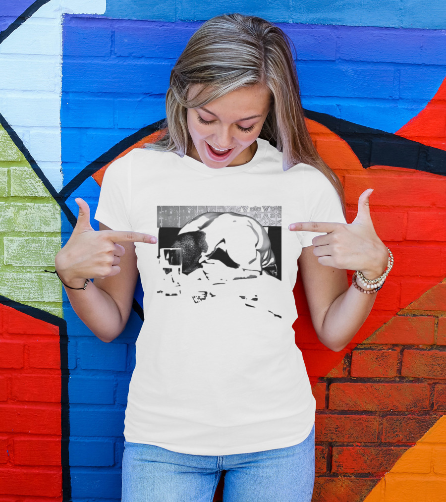 Rough Night Passed Out At Dinner Table Humor Black And White Image T-Shirt
