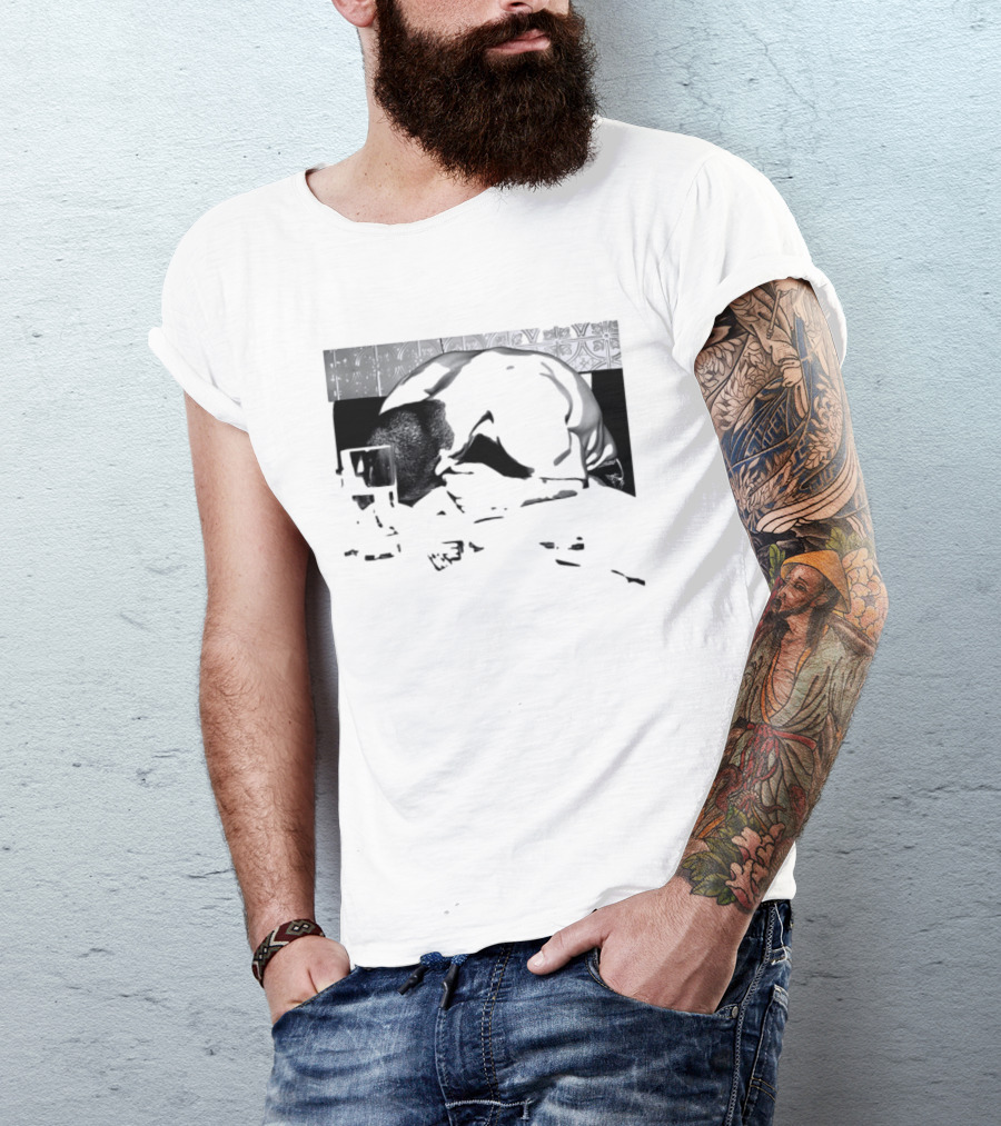 Rough Night Passed Out At Dinner Table Humor Black And White Image T-Shirt