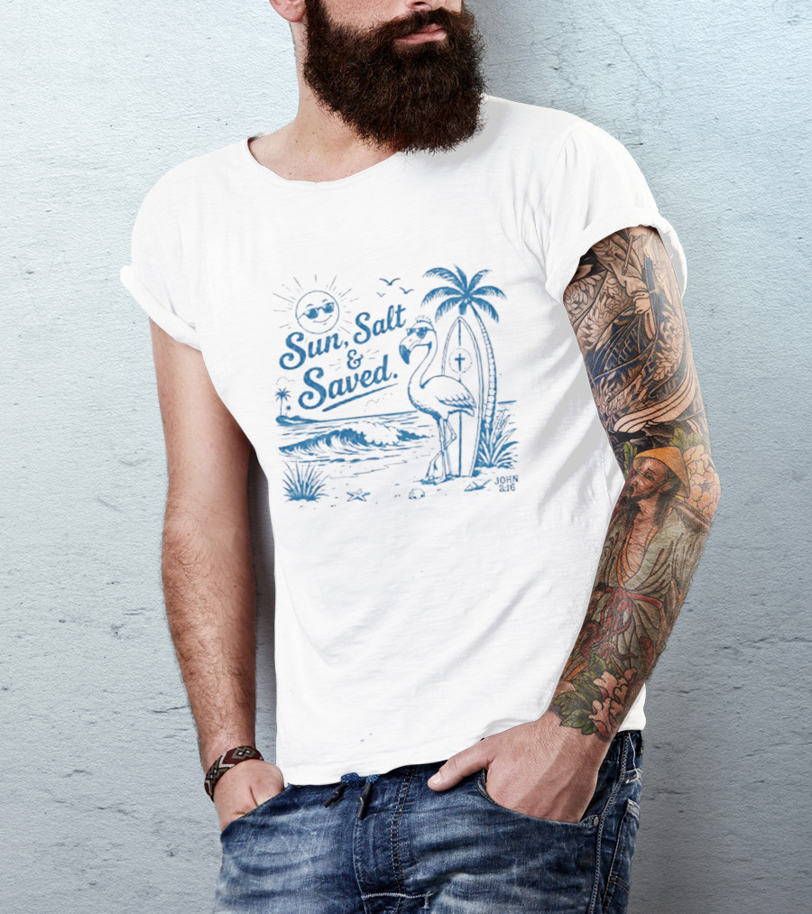 Sun Salt And Saved Flamingo Beach Scene With John 3 16 Christian T-Shirt
