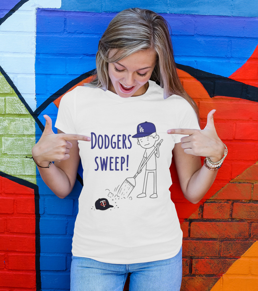 Dodgers Sweep Cartoon Figure In LA Cap Broom Action T-Shirt