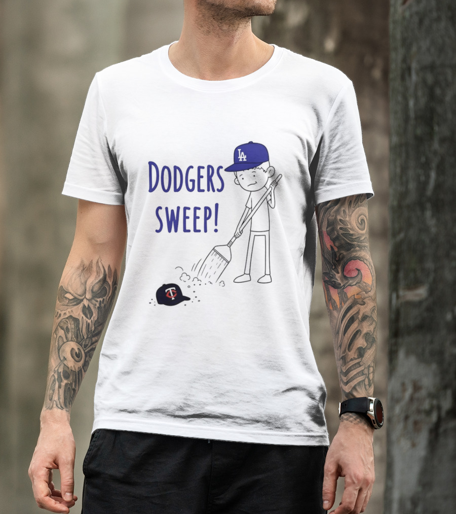 Dodgers Sweep Cartoon Figure In LA Cap Broom Action T-Shirt
