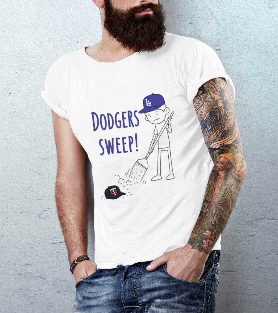 Dodgers Sweep Cartoon Figure In LA Cap Broom Action T-Shirt