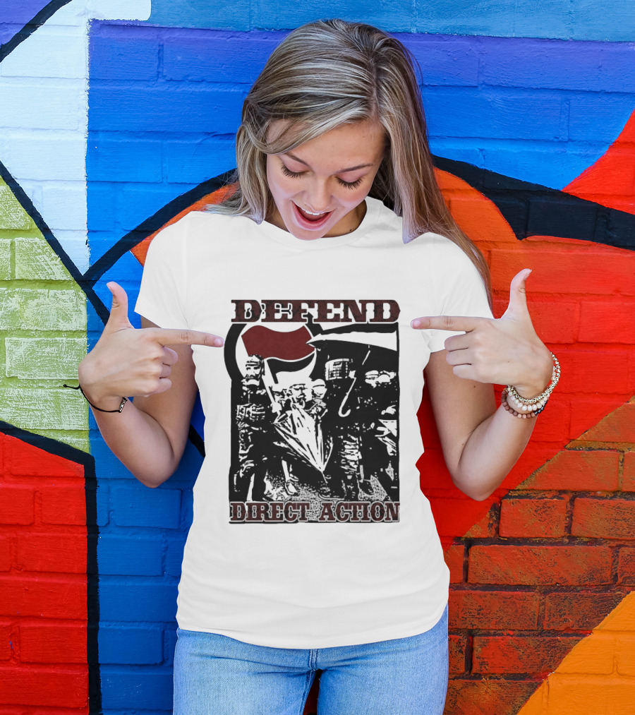 Defend Direct Action Antifa Protest Imagery With Red Flag Iconography T-Shirt