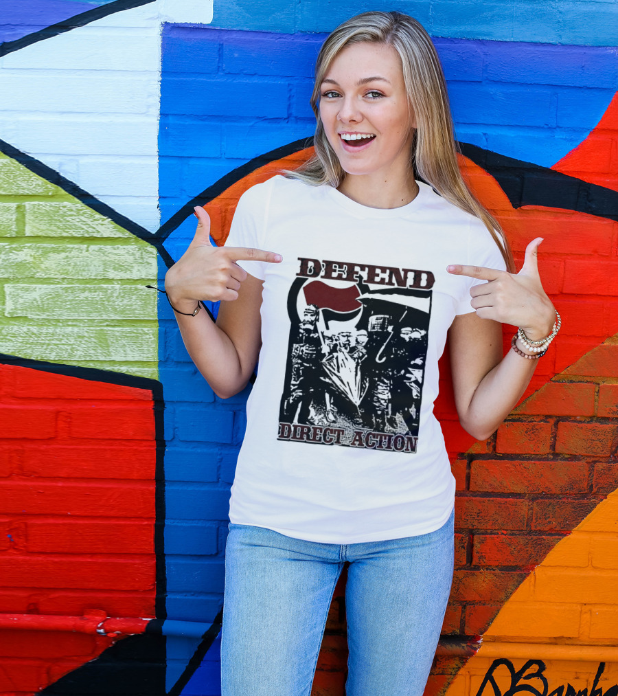 Defend Direct Action Antifa Protest Imagery With Red Flag Iconography T-Shirt
