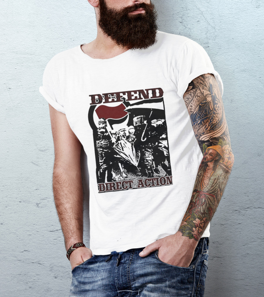 Defend Direct Action Antifa Protest Imagery With Red Flag Iconography T-Shirt