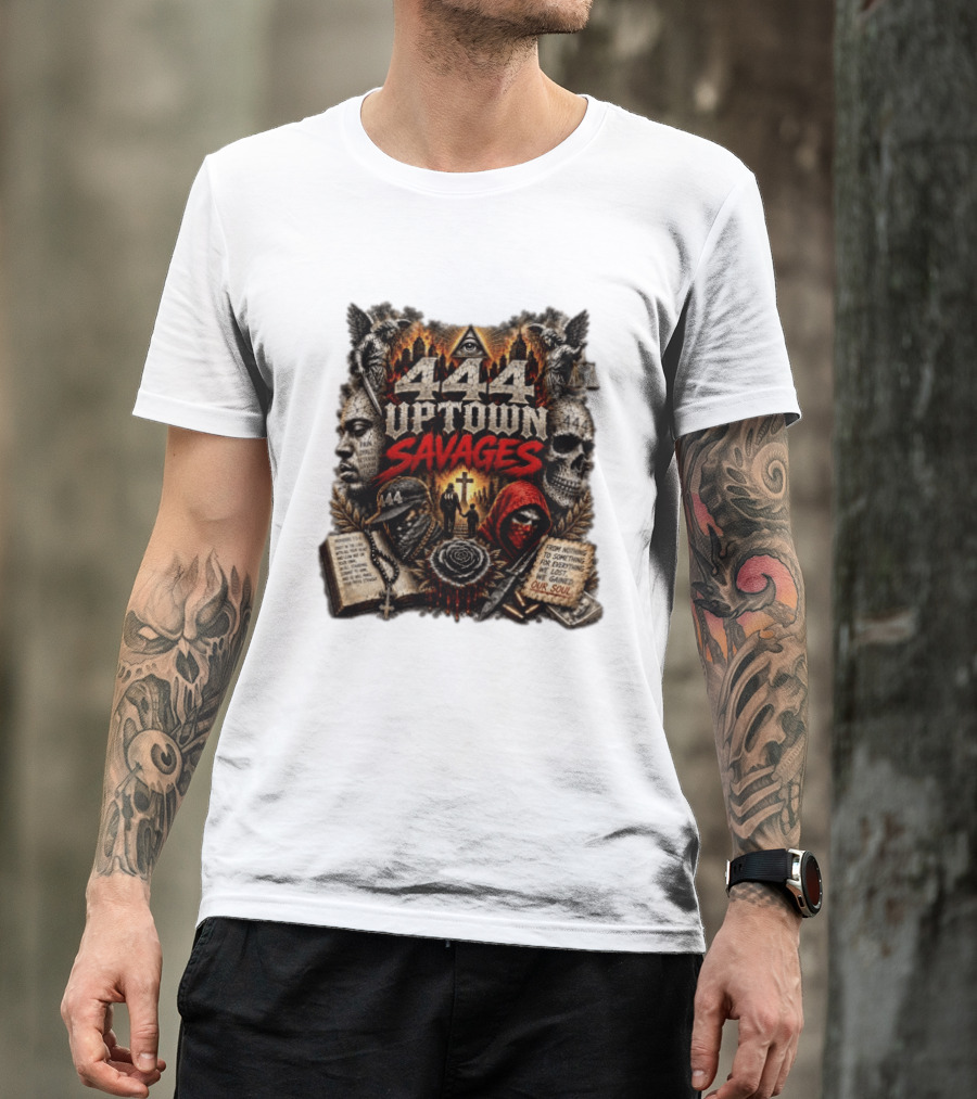 444 Uptown Savages Urban Gothic Art With Skulls And Roses T-Shirt