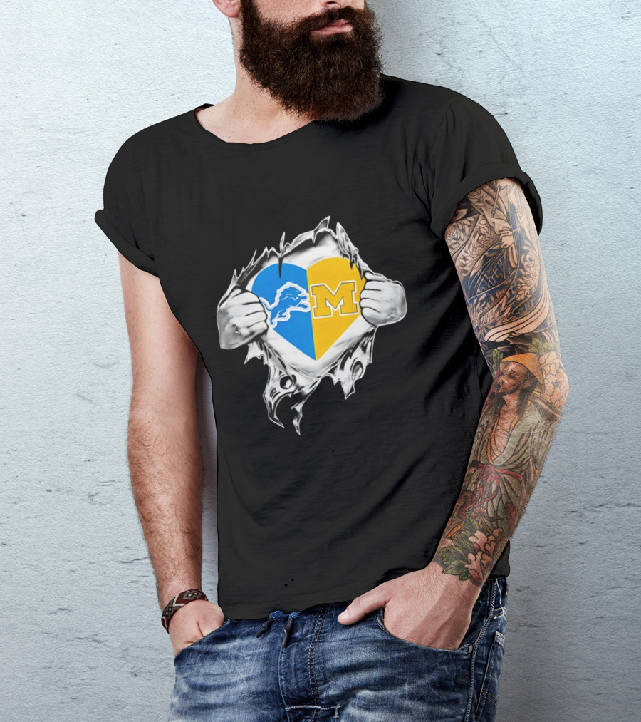 Detroit Lions Michigan Wolverines Heart Torn Reveal T-Shirt