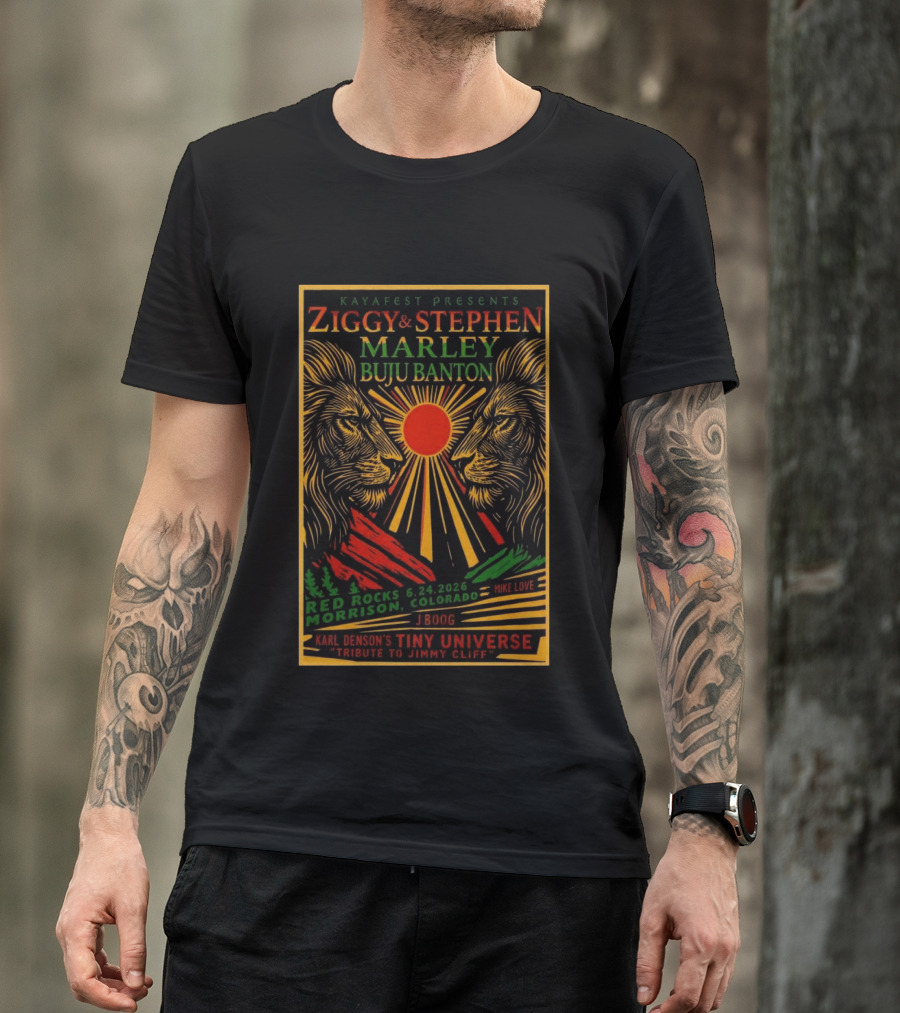 Kaya Fest Ziggy & Stephen Marley 2026 Red Rocks Morrison Colorado Buju Banton JBoog Mike Love Karl Denson's Tiny Universe Tribute To Jimmy Cliff T-Shirt