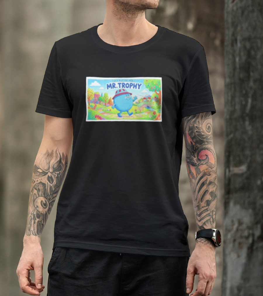 Sky Blue Mr. Men Mr. Trophy Character In Colorful Landscape Scene T-Shirt