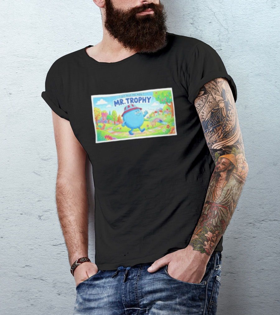 Sky Blue Mr. Men Mr. Trophy Character In Colorful Landscape Scene T-Shirt