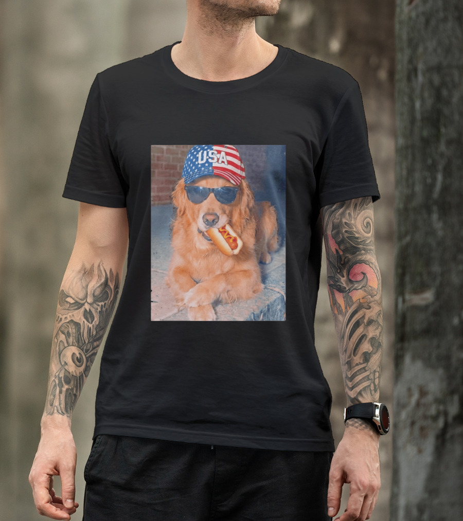 Golden Retriever With USA Hat Eating Hot Dog American Flag 4th Of July T-Shirt