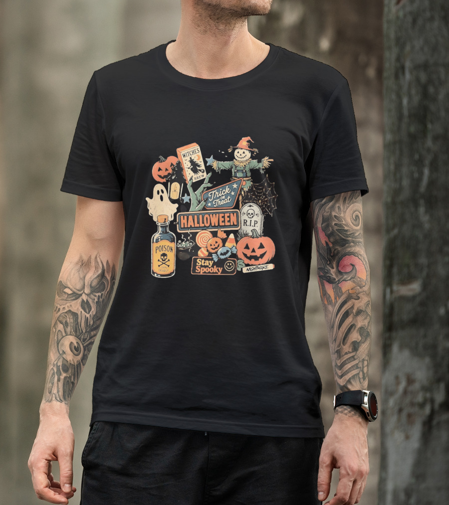 Halloween Trick Or Treat Stay Spooky Witches Brew Poison Nightmare R.I.P Ghost Pumpkins T-Shirt