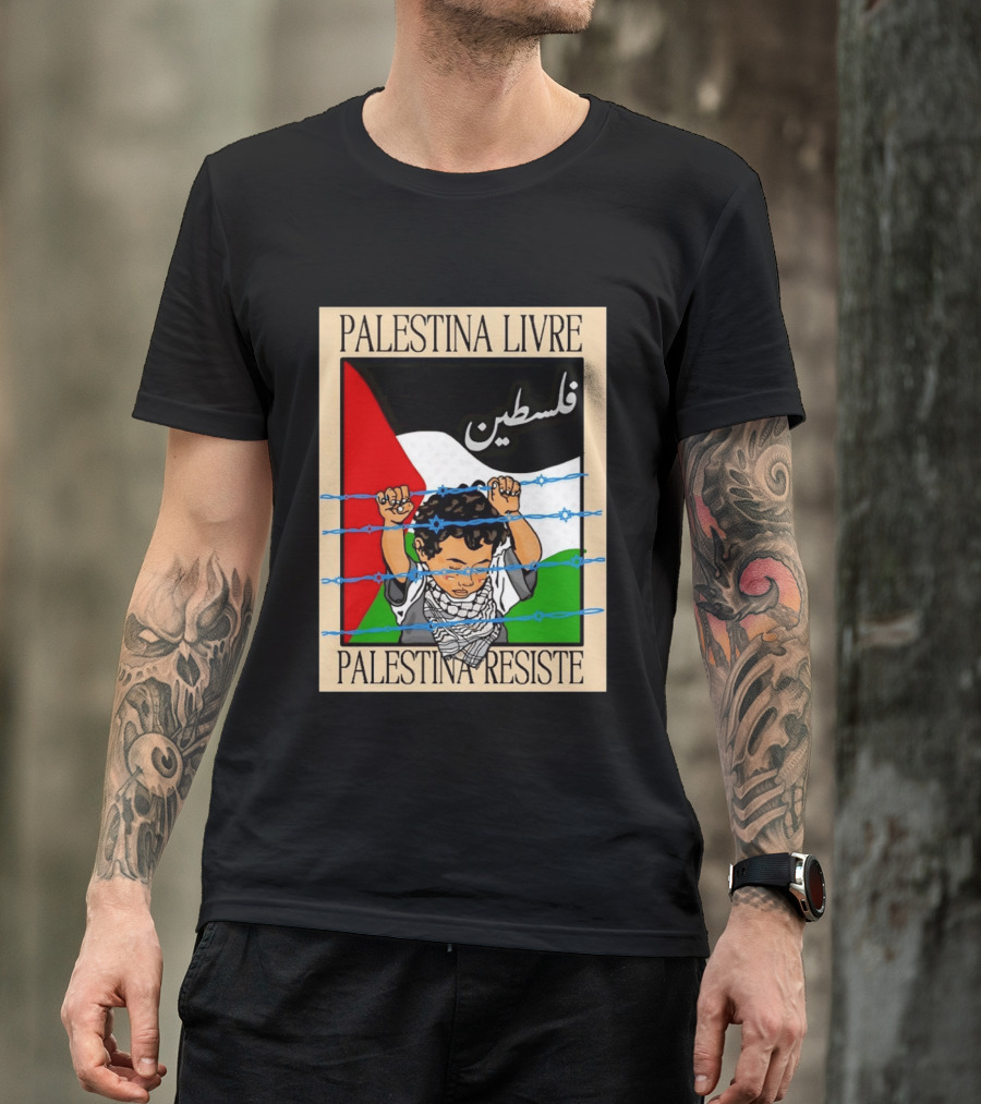 Palestina Livre Resistência Criança Frente Bandeira Arame Farpado T-Shirt