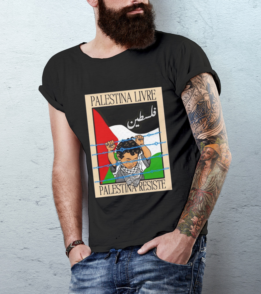Palestina Livre Resistência Criança Frente Bandeira Arame Farpado T-Shirt