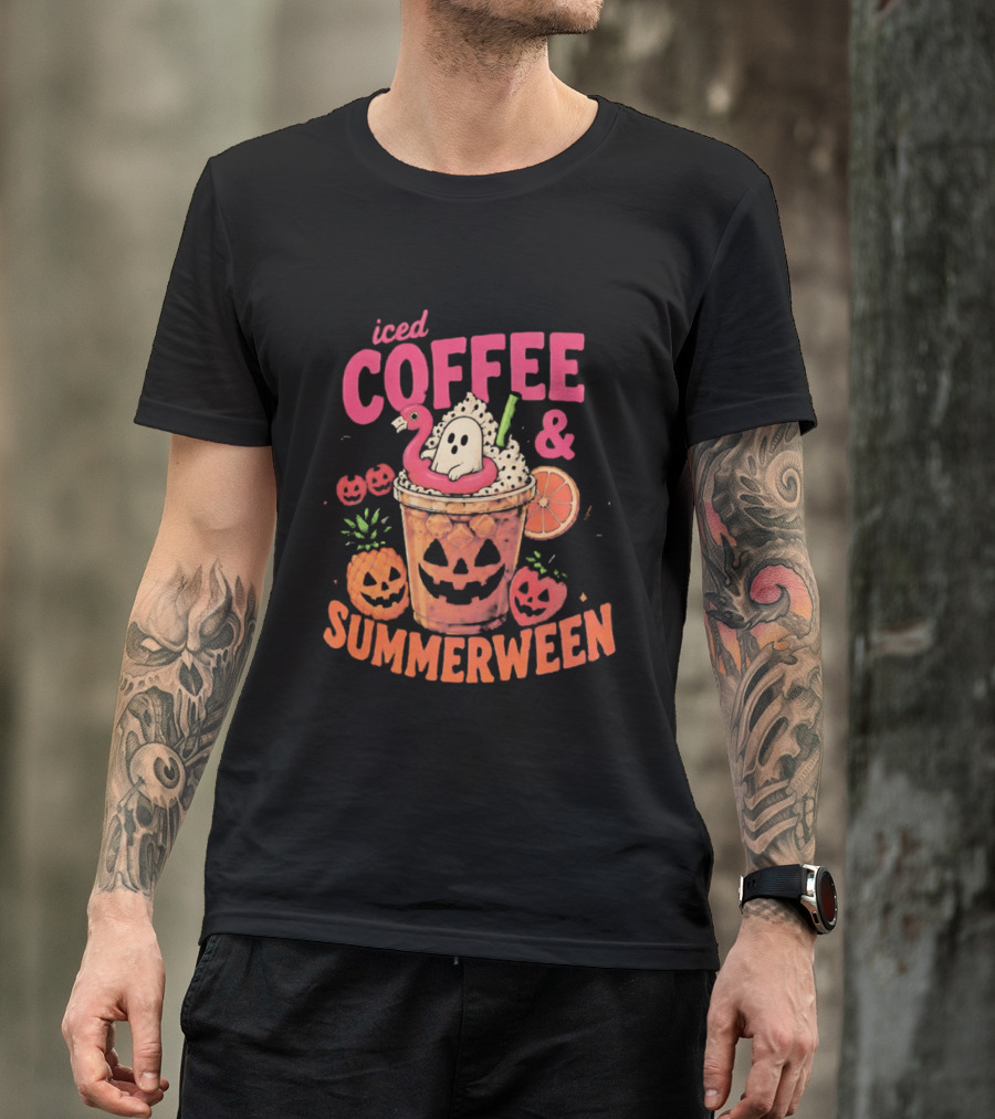 Iced Coffee And Summerween Spooky Tropical Fruit Halloween Jack O' Lantern Drink T-Shirt