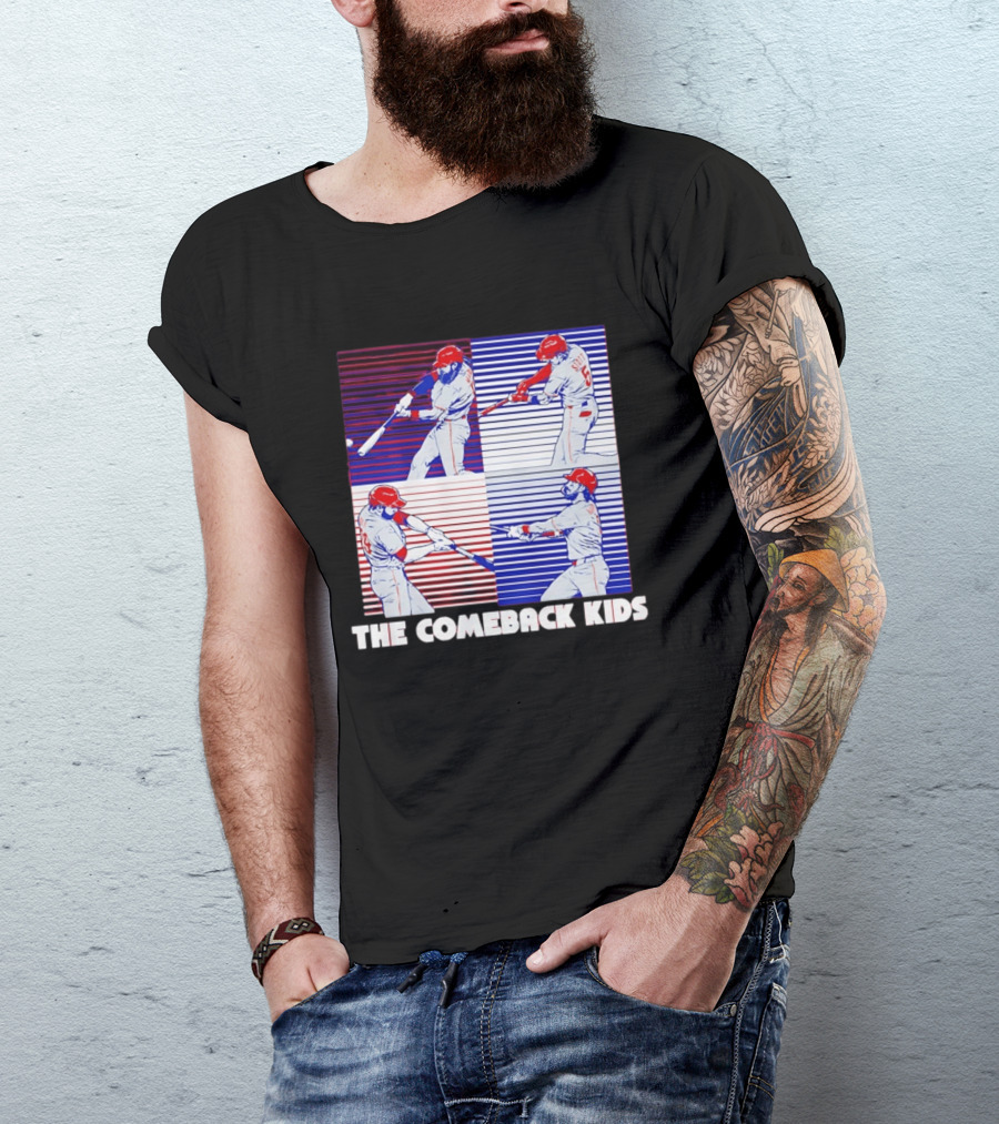 Philadelphia Phillies The Comeback Kids Striped Baseball Swinging Players T-Shirt