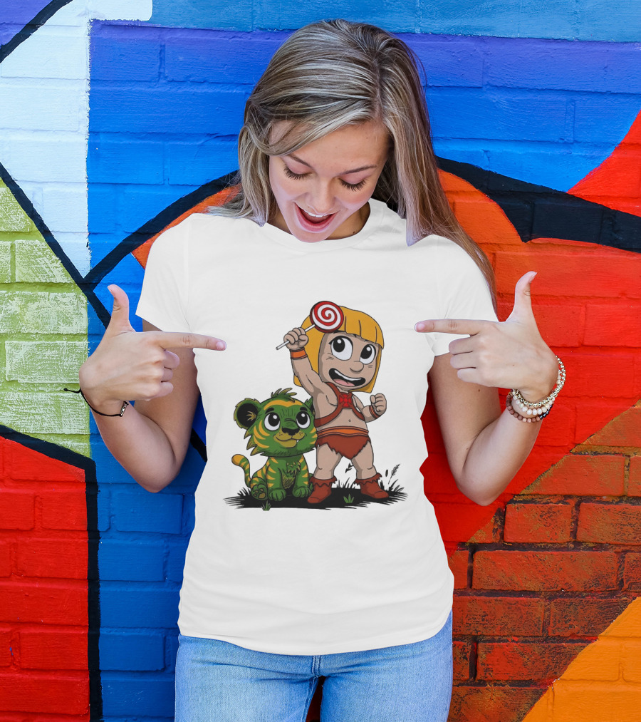 Jungle Kid Holding Lollipop With Playful Tiger Cub T-Shirt