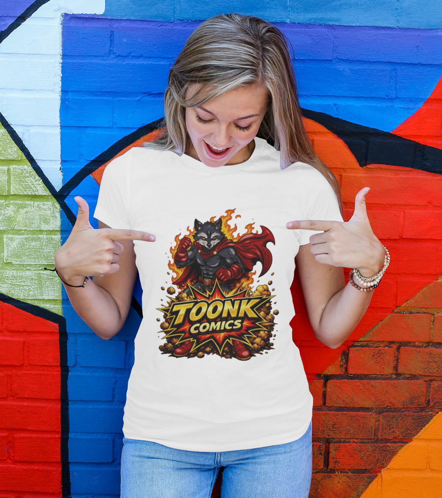 Toonk Comics Superhero Raccoon With Fiery Cape T-Shirt