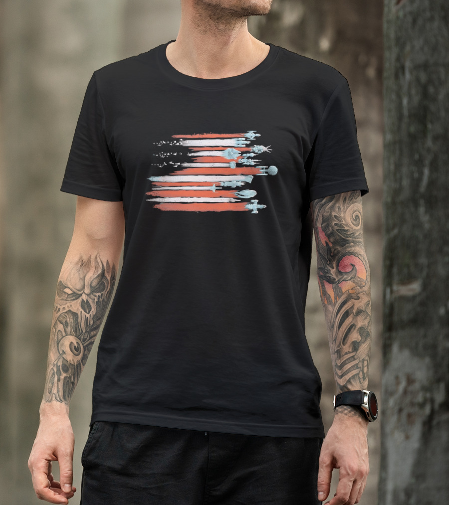 American Flag With Spacecraft Sci Fi T-Shirt