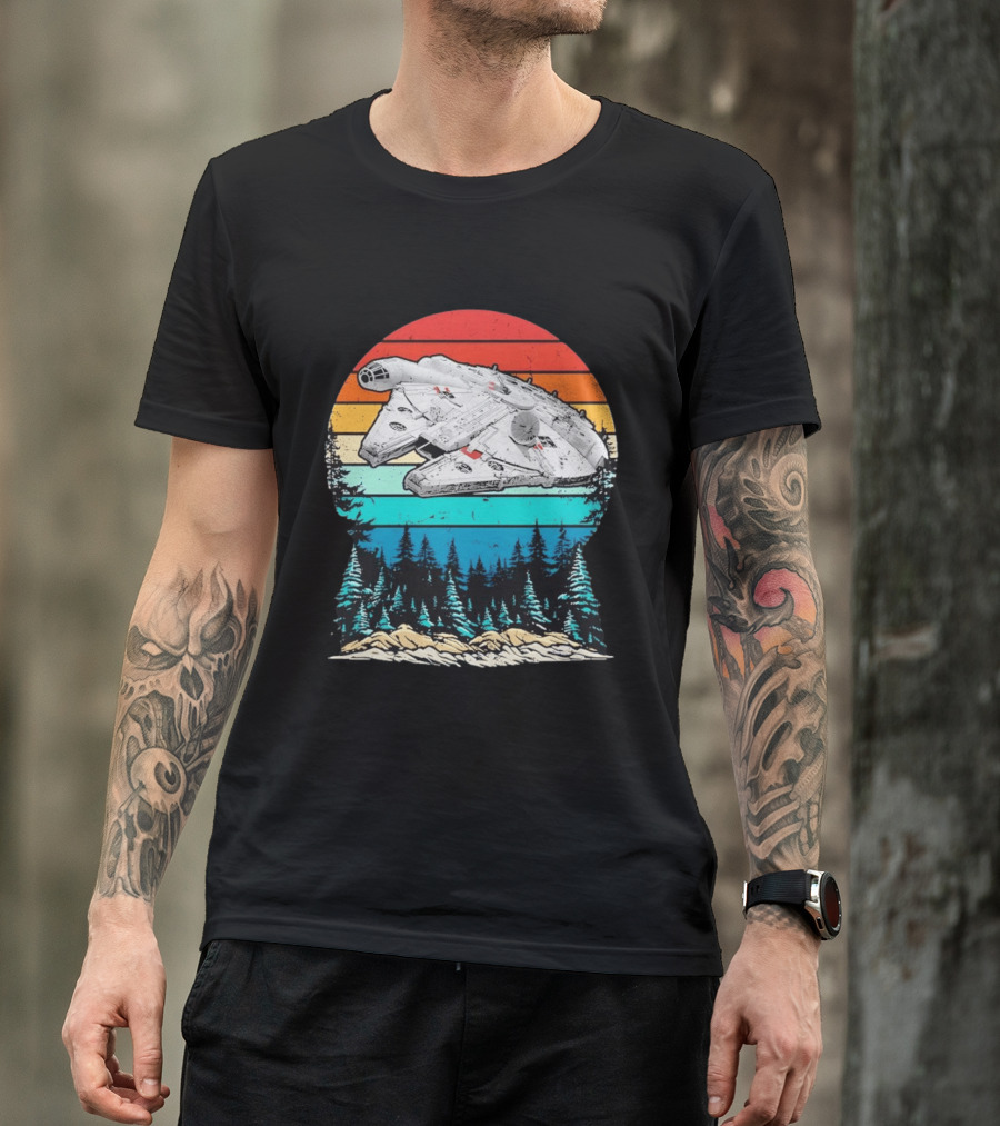 Millennium Falcon Endor Sunset Forest Scene T-Shirt