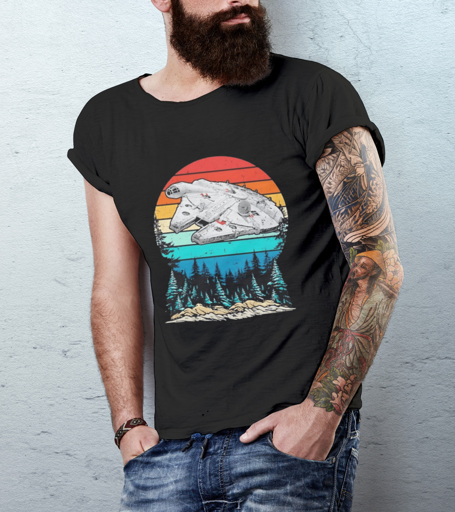 Millennium Falcon Endor Sunset Forest Scene T-Shirt