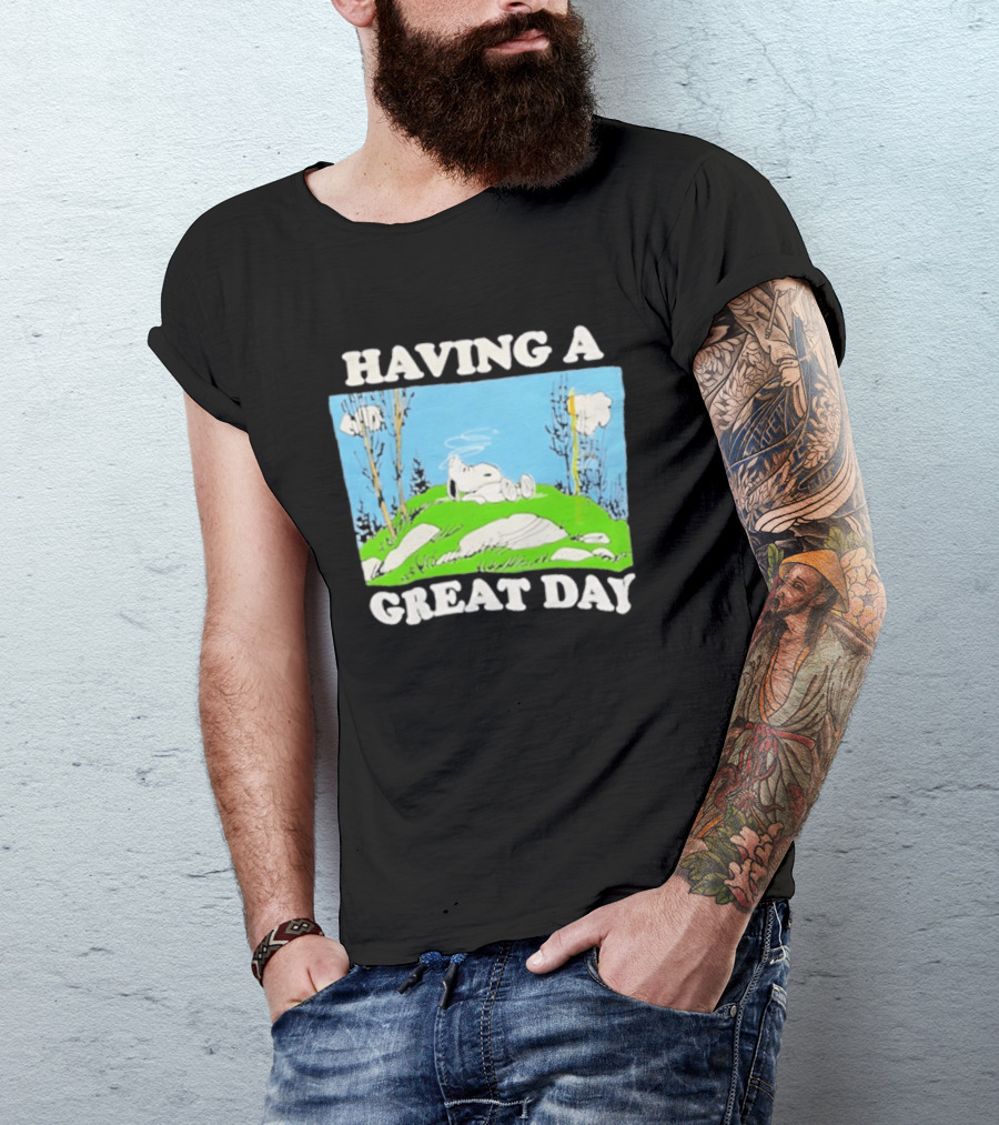 Snoopy Having A Great Day Relaxing On The Green Hill With Blue Sky And Clouds T-Shirt