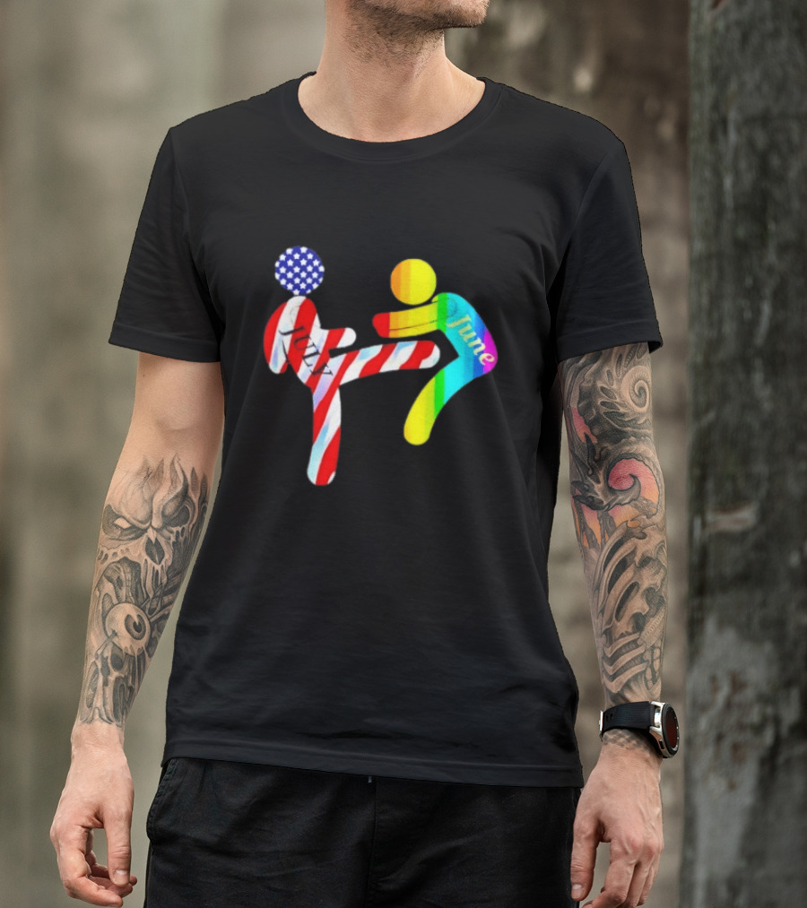 July Independence Kick With June Pride Month Rainbow Flag USA Stars And Stripes T-Shirt