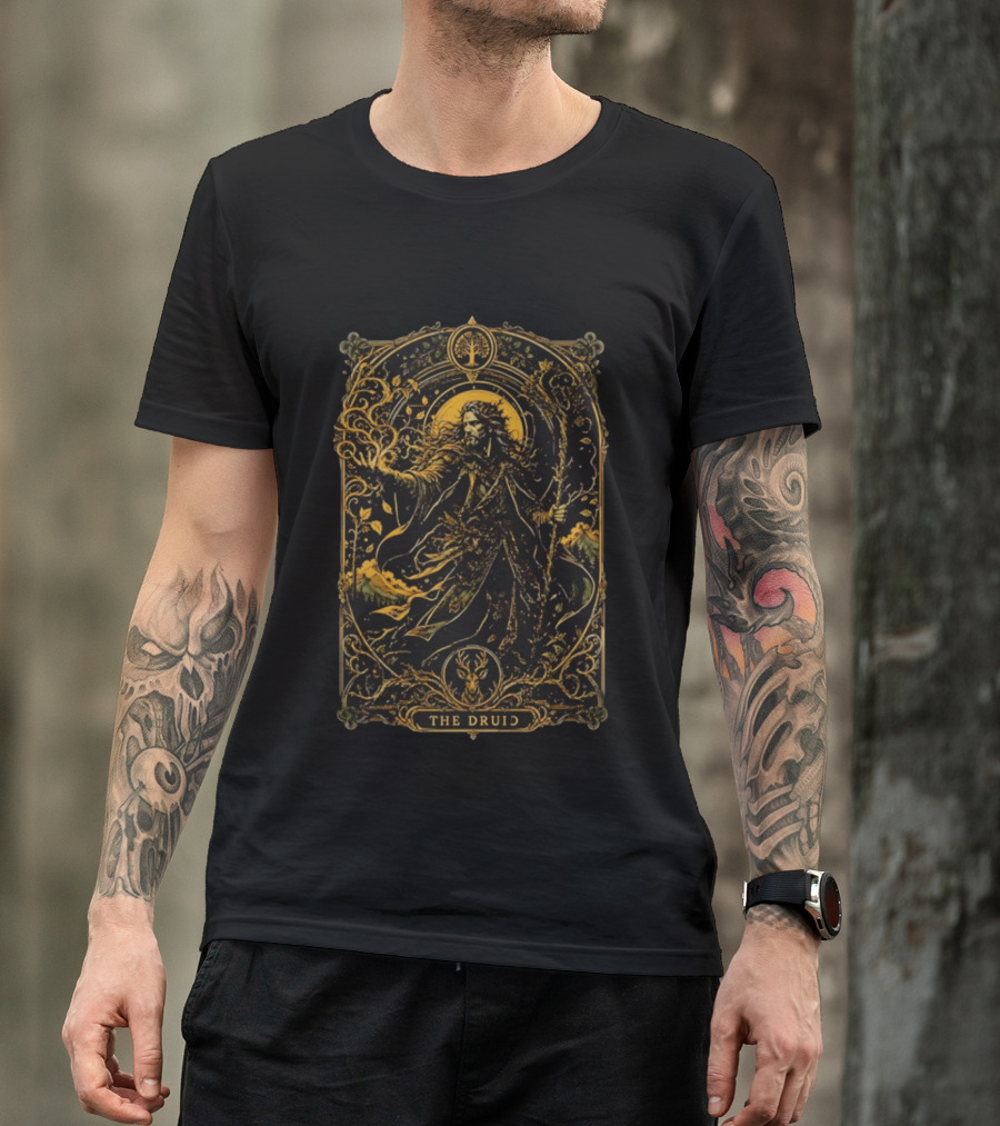 The Druid Fantasy Forest Magic Celtic Mystical Enchantment With Stag And Staff T-Shirt
