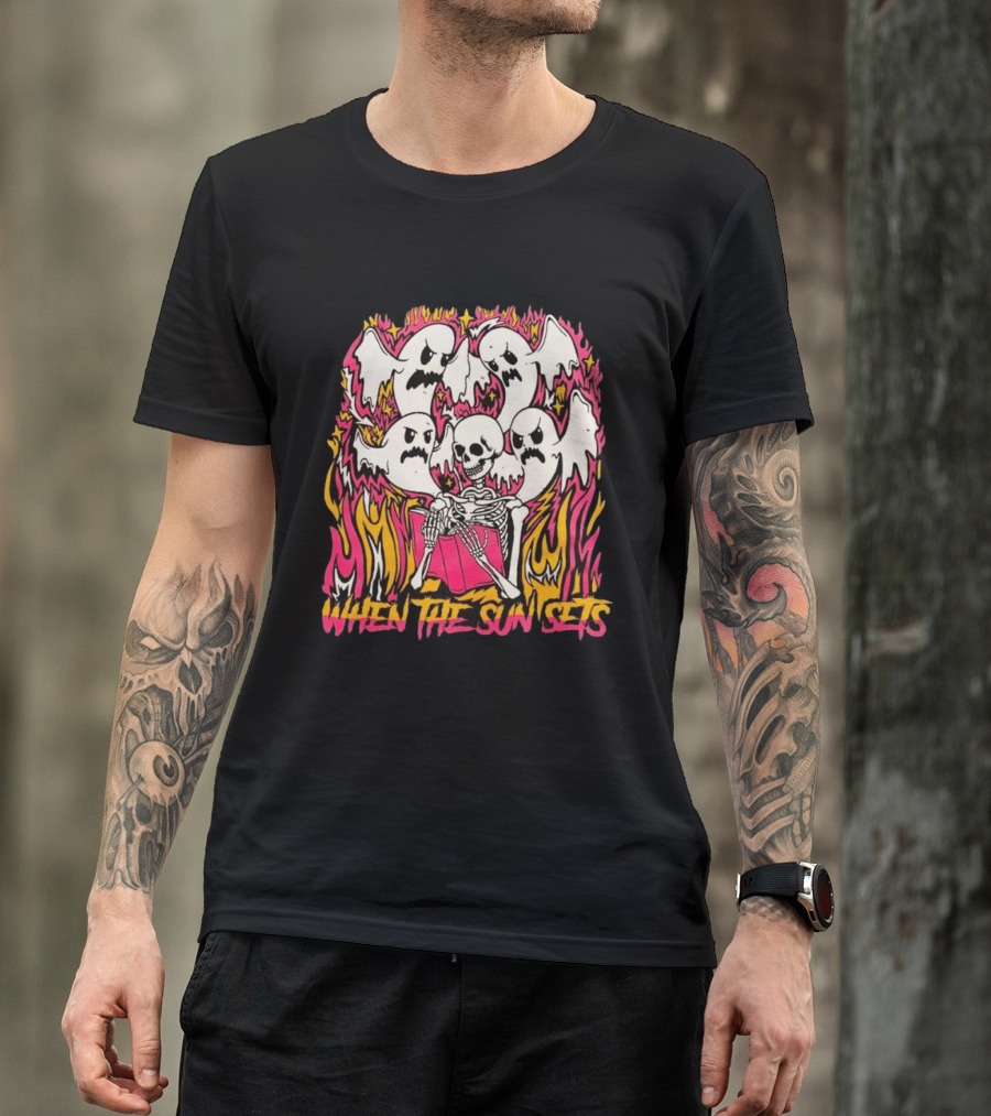 When The Sun Sets Ghost And Skeleton Illustration With Vibrant Pink And Yellow Flames T-Shirt