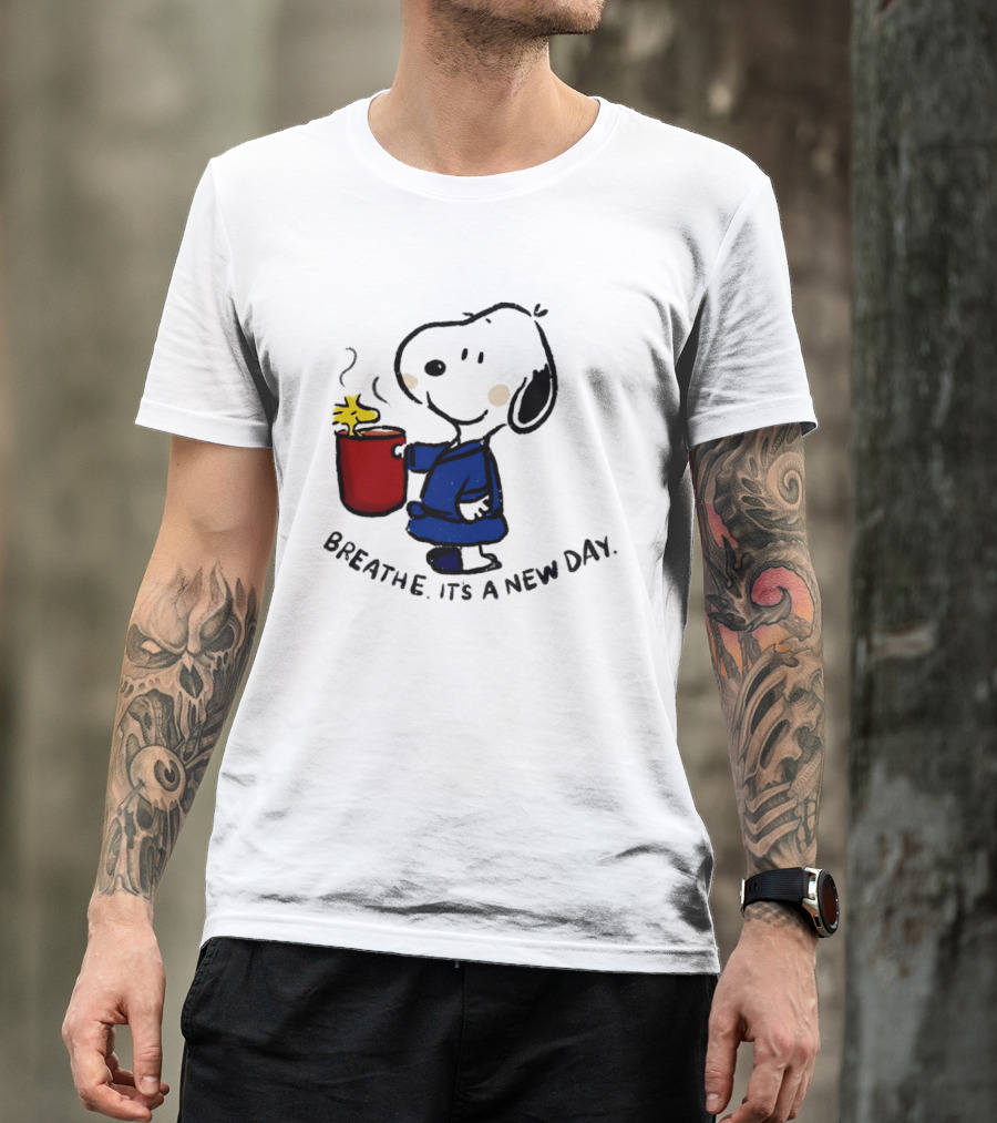Snoopy And Woodstock Breathe It's A New Day Coffee Relaxation T-Shirt