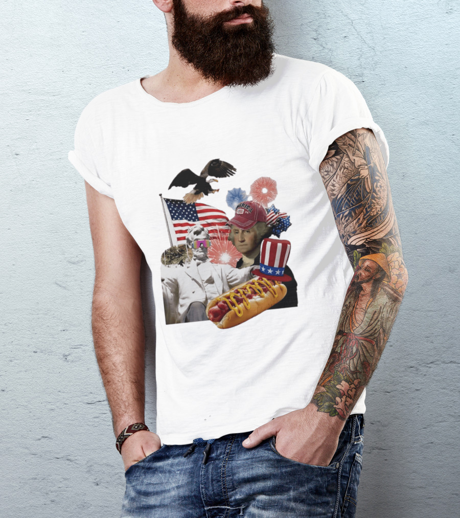 Merica Abraham Lincoln George Washington Hot Dog Eagle Fireworks Patriotic Celebration T-Shirt