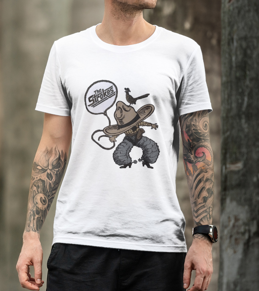 The Strokes Tour 2026 Illustrated Cowboy Holding Lasso With Bird And Cowboy Hat T-Shirt