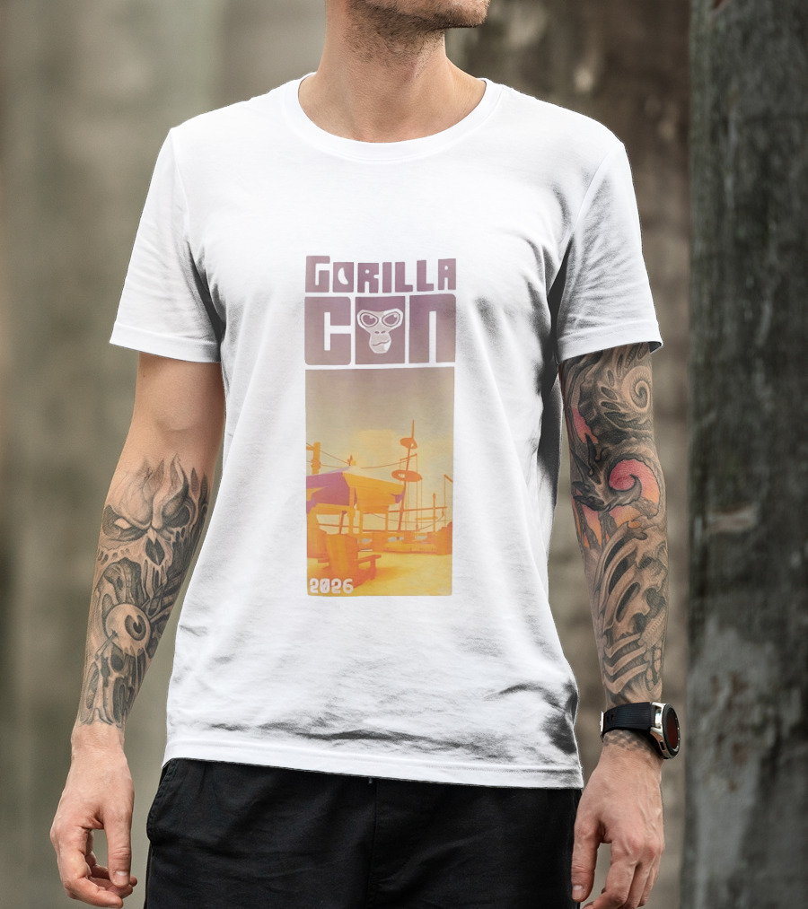 Gorilla Con 2026 Beach Adventure With Sunglasses Wearing Gorilla T-Shirt