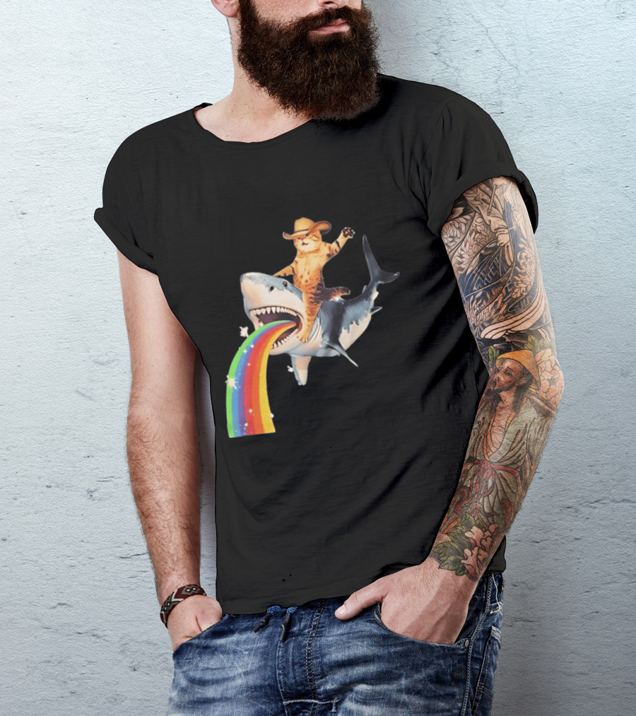 Cowboy Cat Riding Shark With Rainbow T-Shirt