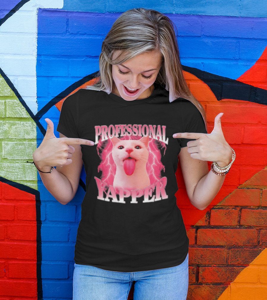 Professional Yapper Cat Pink Lightning Tongue Out T-Shirt