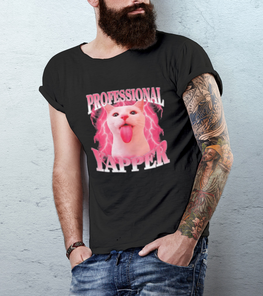 Professional Yapper Cat Pink Lightning Tongue Out T-Shirt