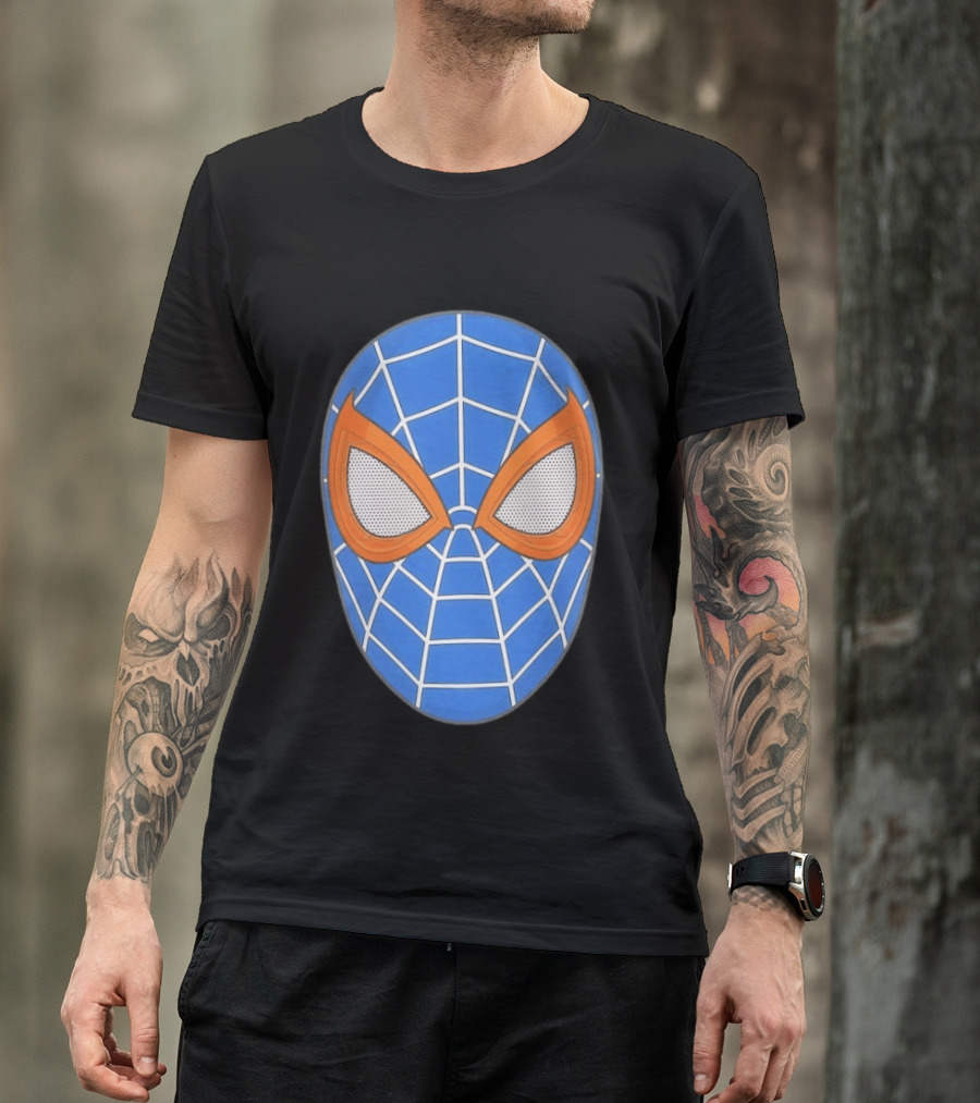 Spidey Spider Man Blue Mask With Orange Eyes And Web T-Shirt
