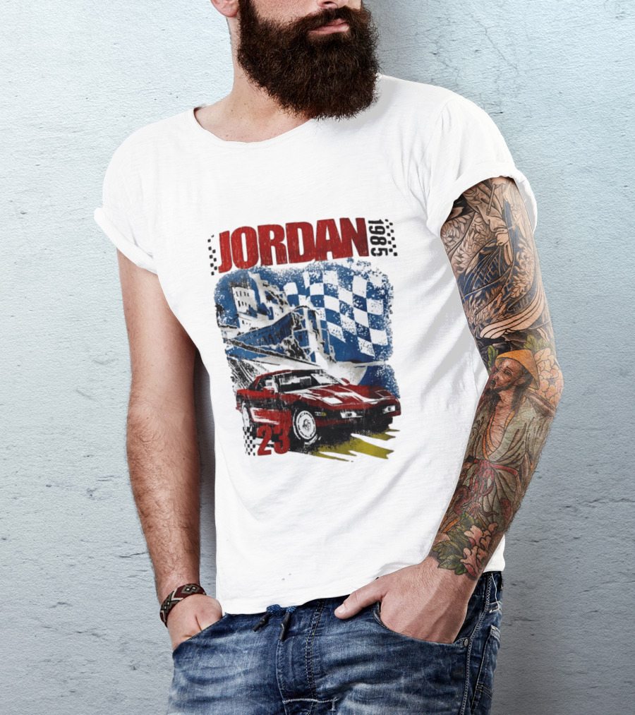 Jordan 23 Racing Brooklyn 1985 Checkered Red Sports Car Blue Flag T-Shirt