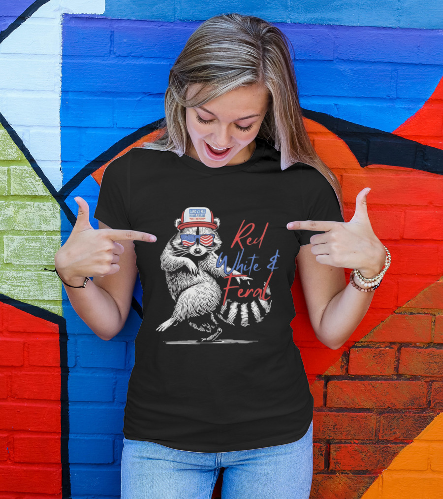 Red White Feral Raccoon Land Of The Free Home Brave 1776 Patriotic USA T-Shirt