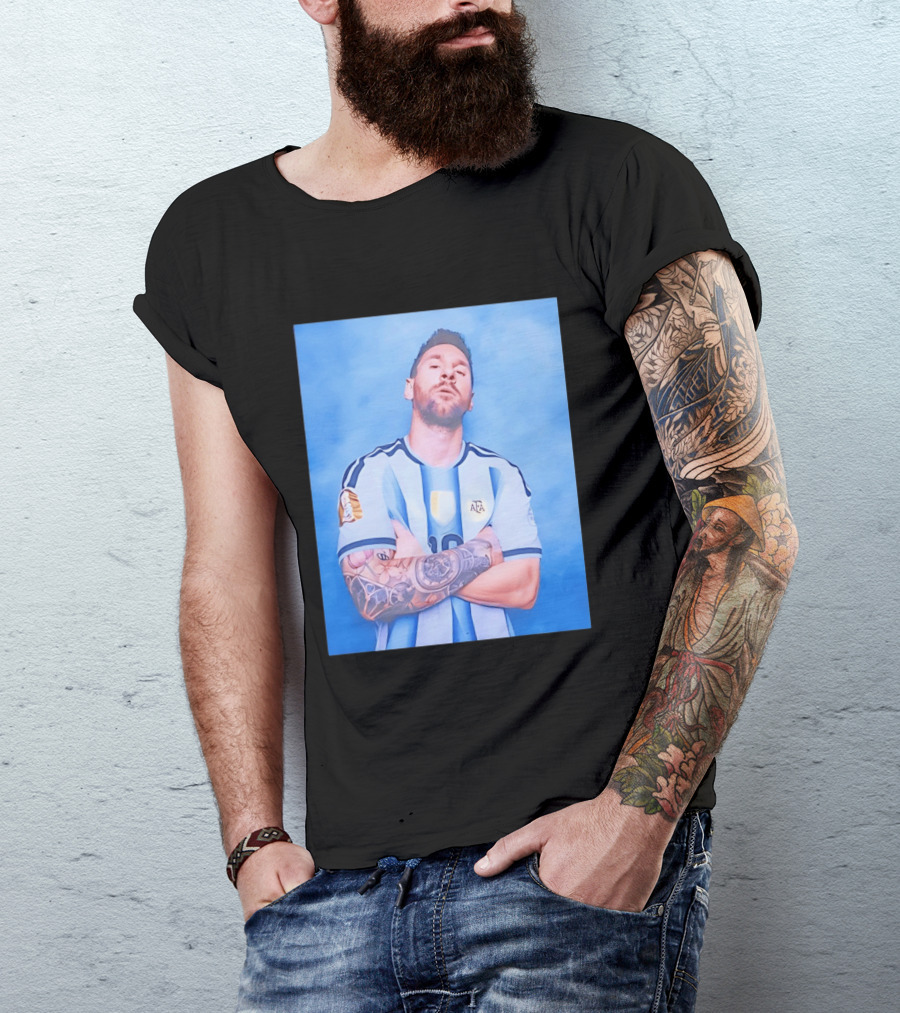Lionel Messi With Argentina National Team Badge In Blue And White Stripes T-Shirt