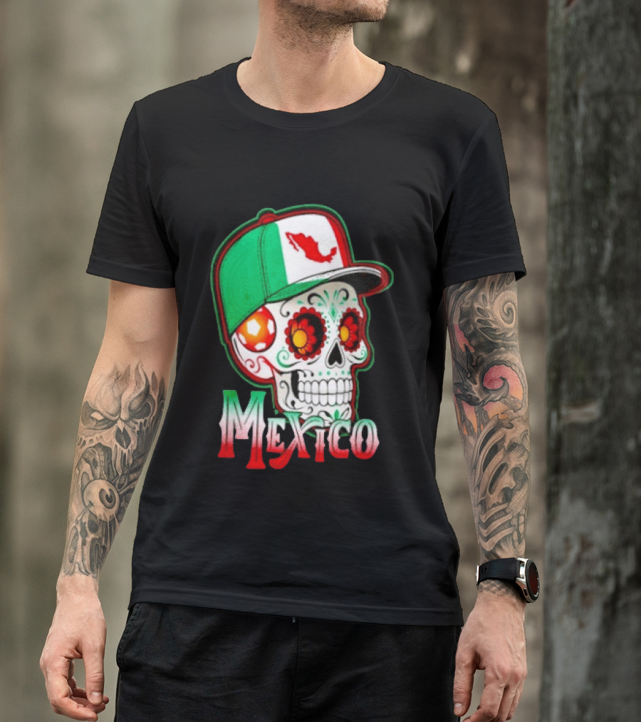 Mexico Sugar Skull Hat Map T-Shirt