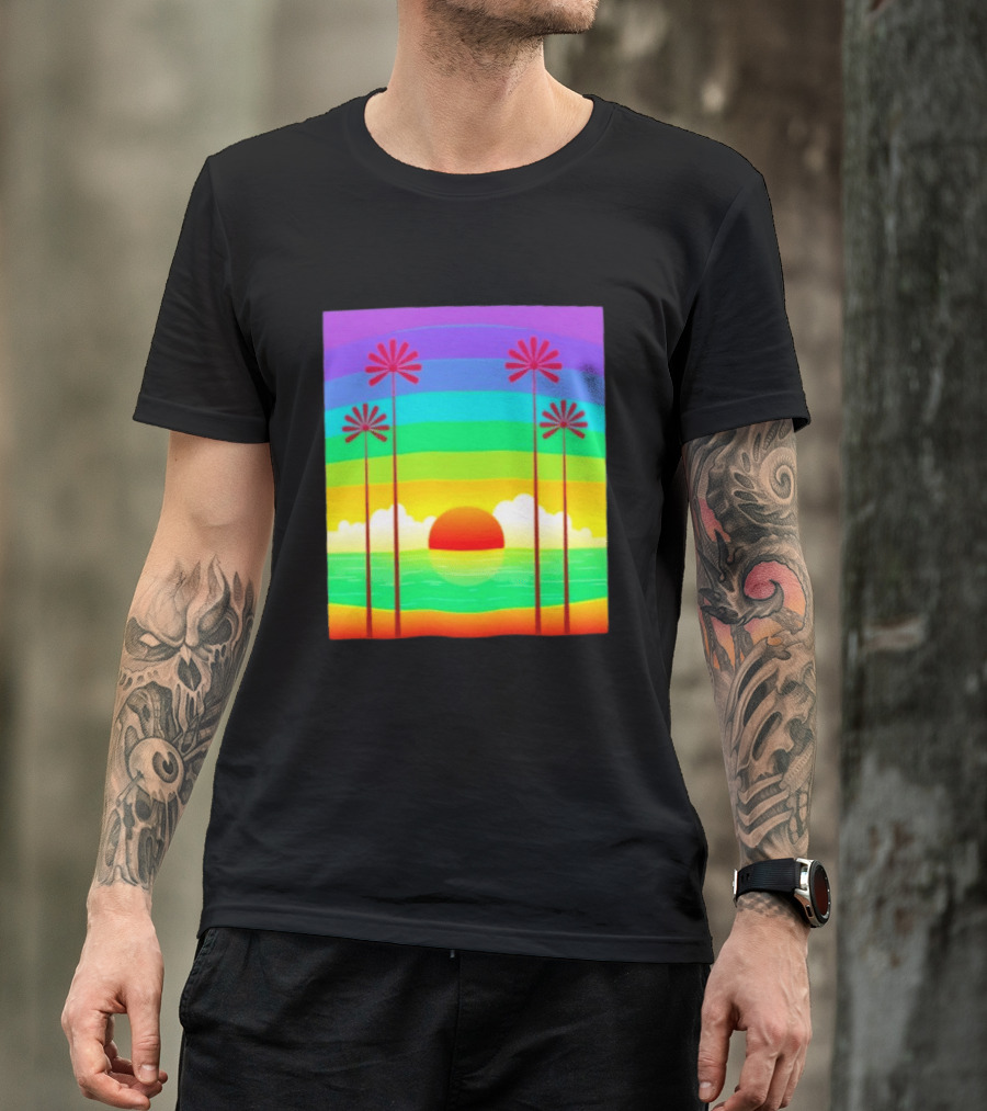 Sunset With Palm Trees And Rainbow Summer Scene T-Shirt