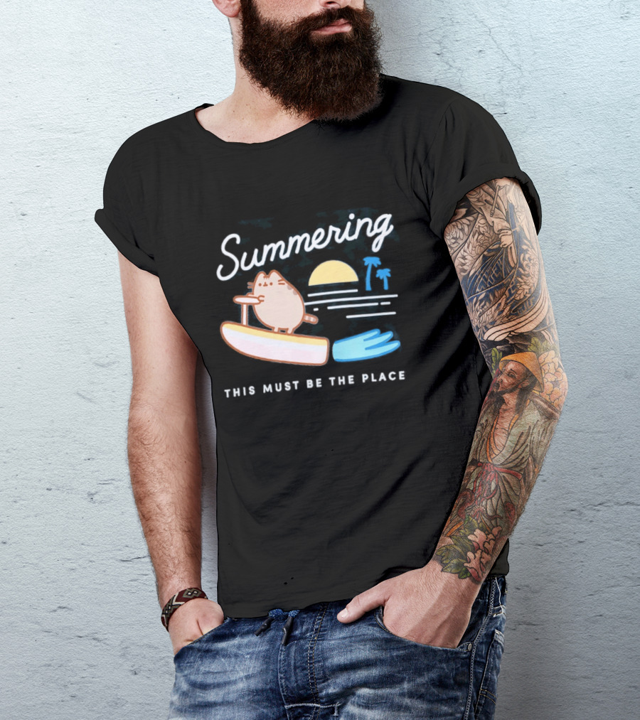 Summering This Must Be The Place Pusheen Surfing Cat Scene T-Shirt