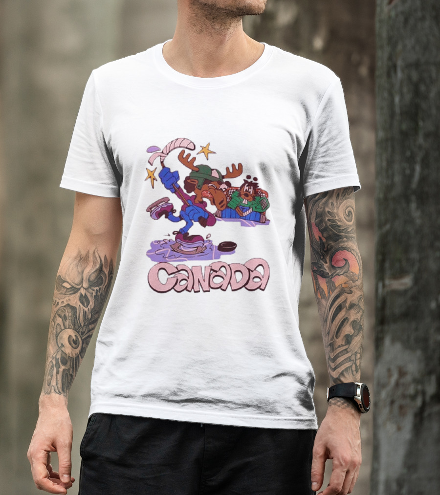 Slushy Noobz Canada Hockey Moose Cartoon Ice Rink Scene T-Shirt