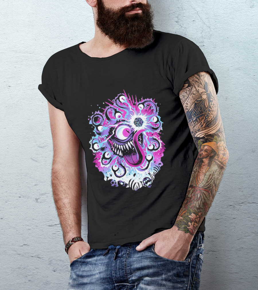 Beholder Dungeons And Dragons Eye Tyrant Illustration With D20 Dice And Psychedelic T-Shirt