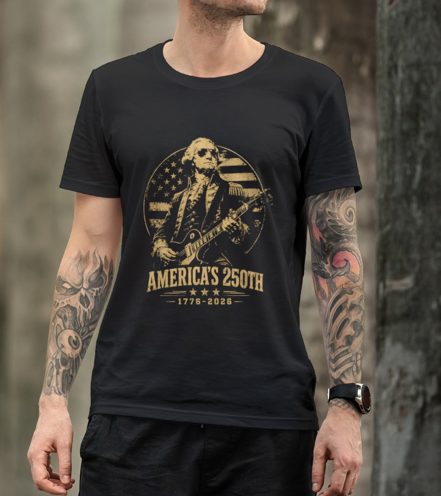 George Washington America's 250th 1776 2026 Rock And Roll Guitar USA Flag T-Shirt